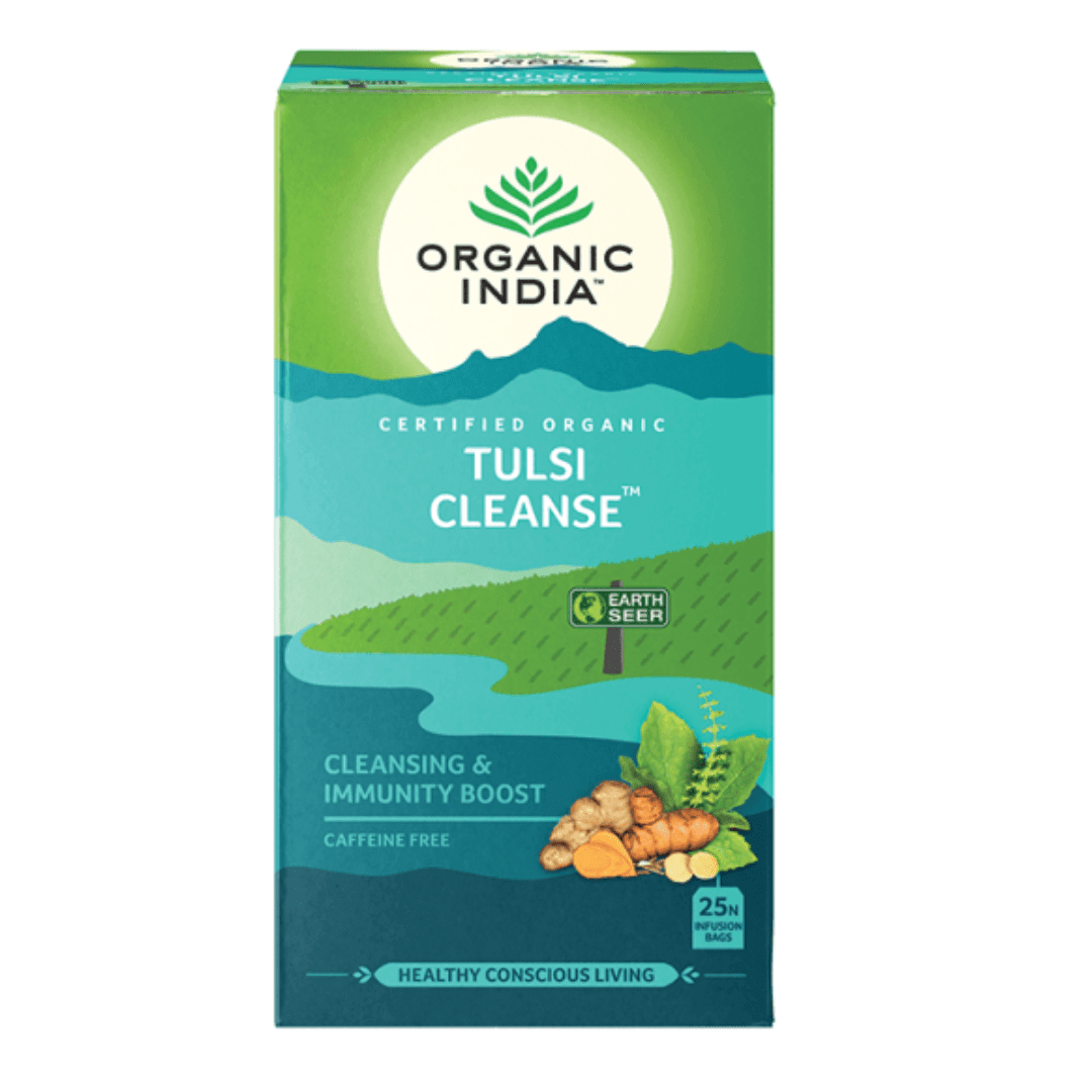 Organic India BIO Tulsi Tea by Herbalistas in 25 infusion bags, featuring caffeine-free herbal cleanse with fresh, dried tulsi leaves.