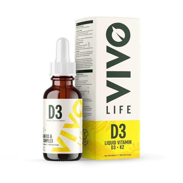 Vivo Life Vitamin D3 with K2 plant-based supplement bottle against a white background, showcasing the product label and branding.