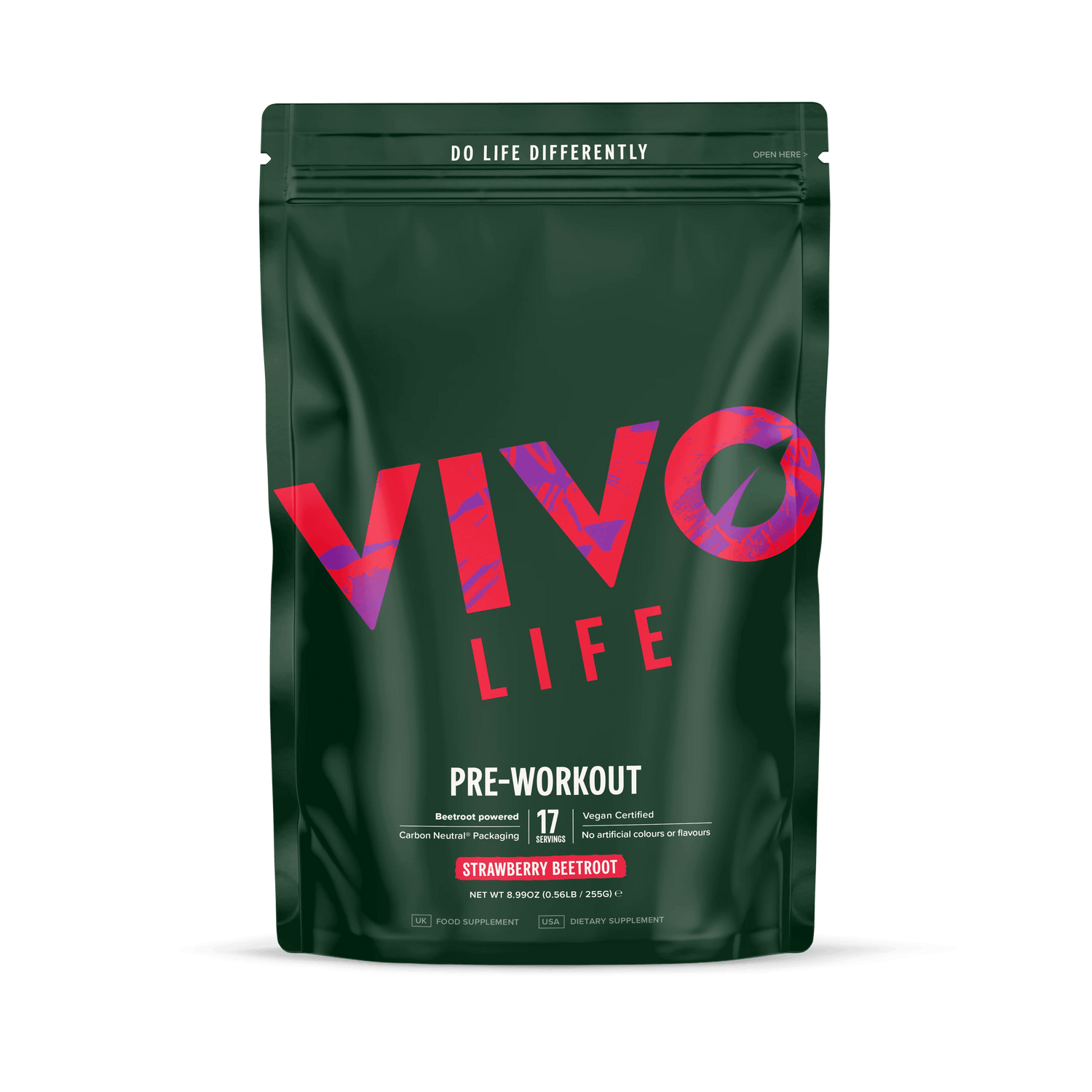 Vivo Life pre-workout supplement container with label, featuring vibrant design and product details on a white background.