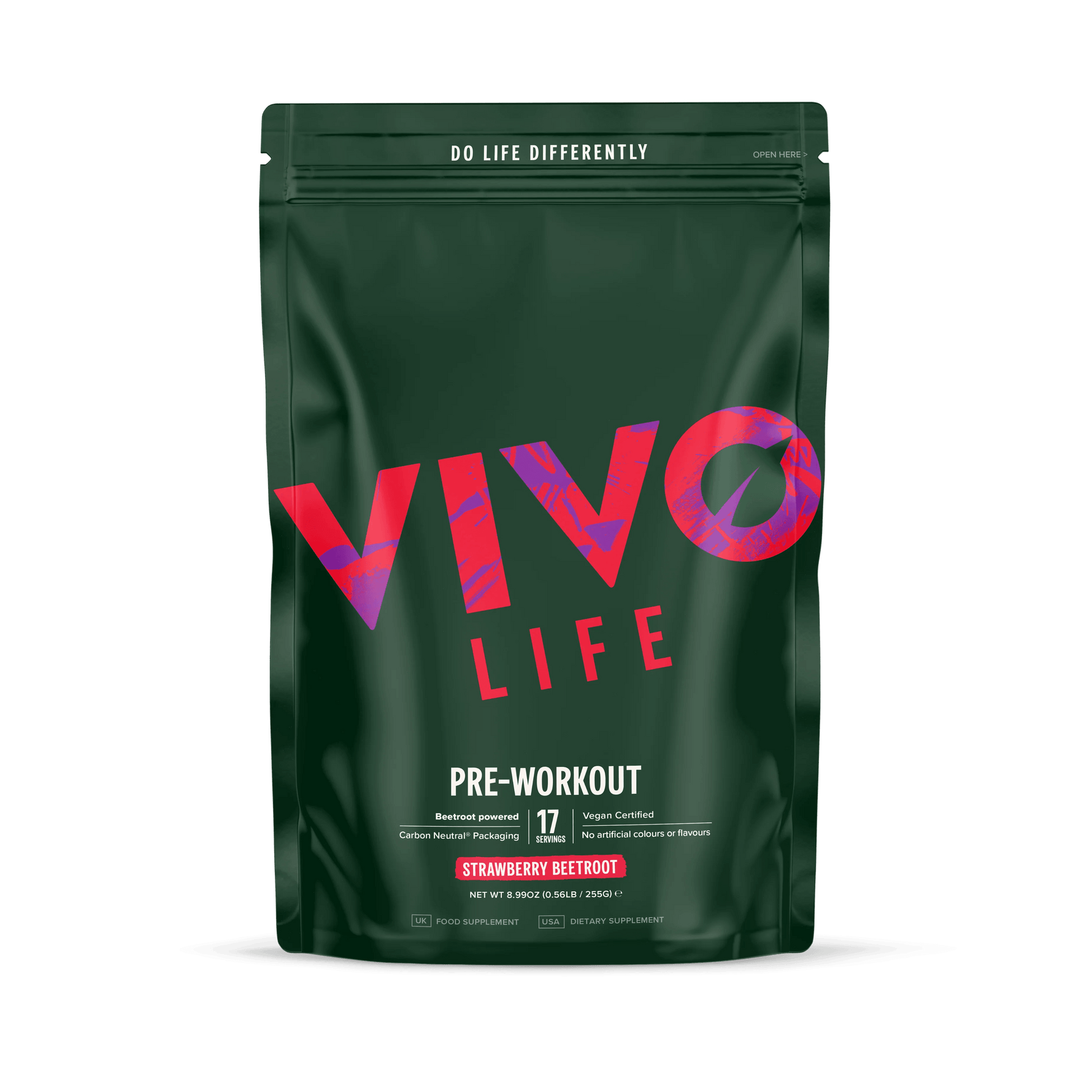 Vivo Life pre-workout supplement container with label, featuring vibrant design and product details on a white background.