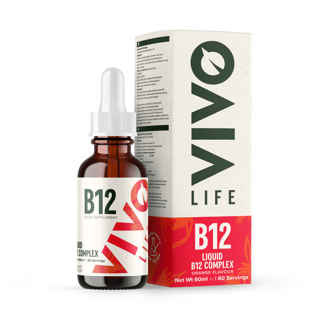 Vivo Life B12 High Potency Vegan Vitamin Supplement bottle with label, showcasing the supplement's packaging and branding.