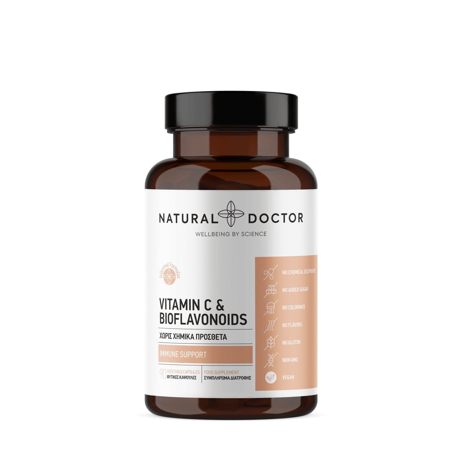 VITAREA Natural Doctor Vitamin C & Bioflavonoids supplement bottle with 90 capsules, featuring a label with orange and white design.