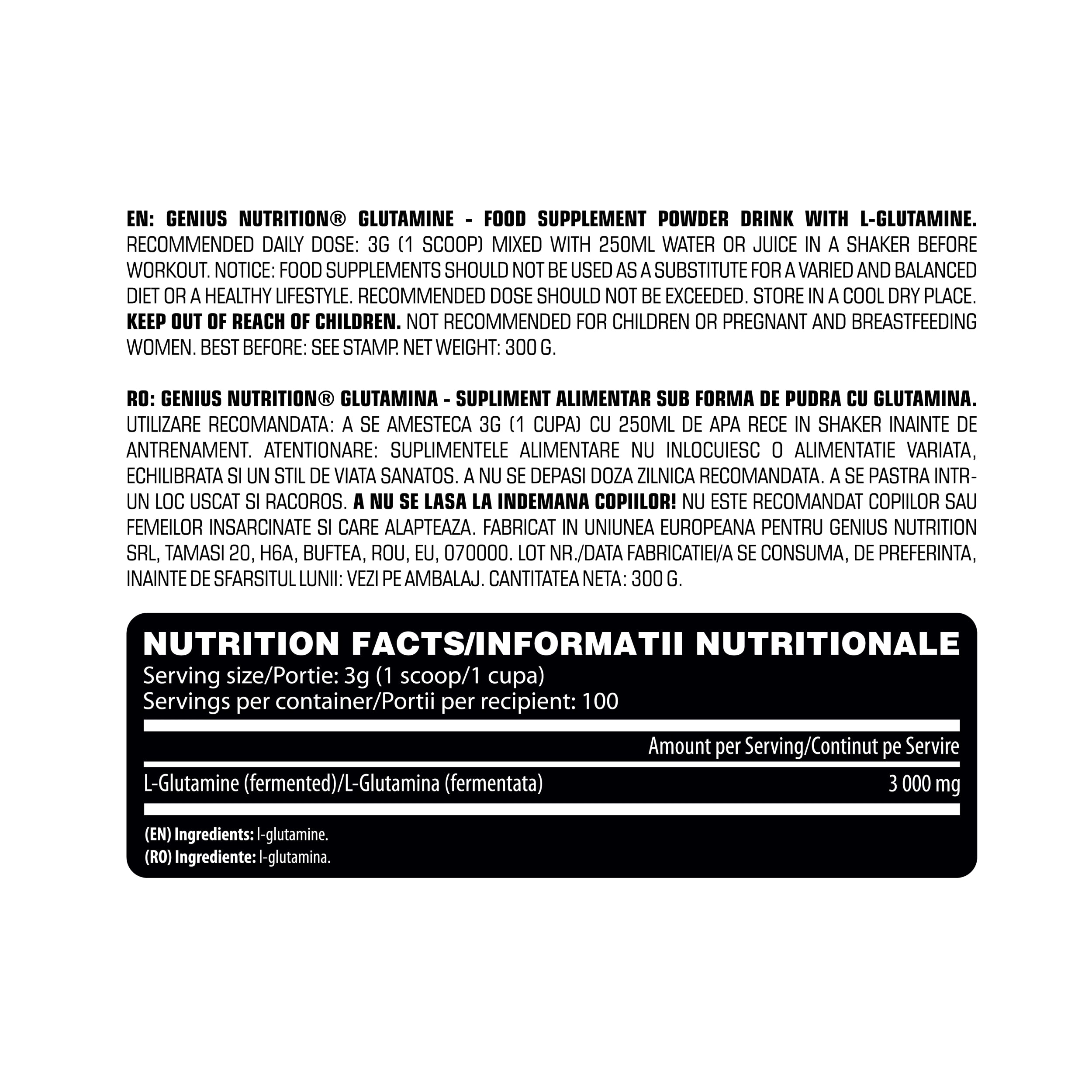 GLUTAMINE 300G/100SERV, Genius Nutrition