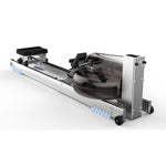 Viking Fitness Waterflow R-2001 Water Rower rowing machine with wooden frame and digital monitor, viewed from the back.