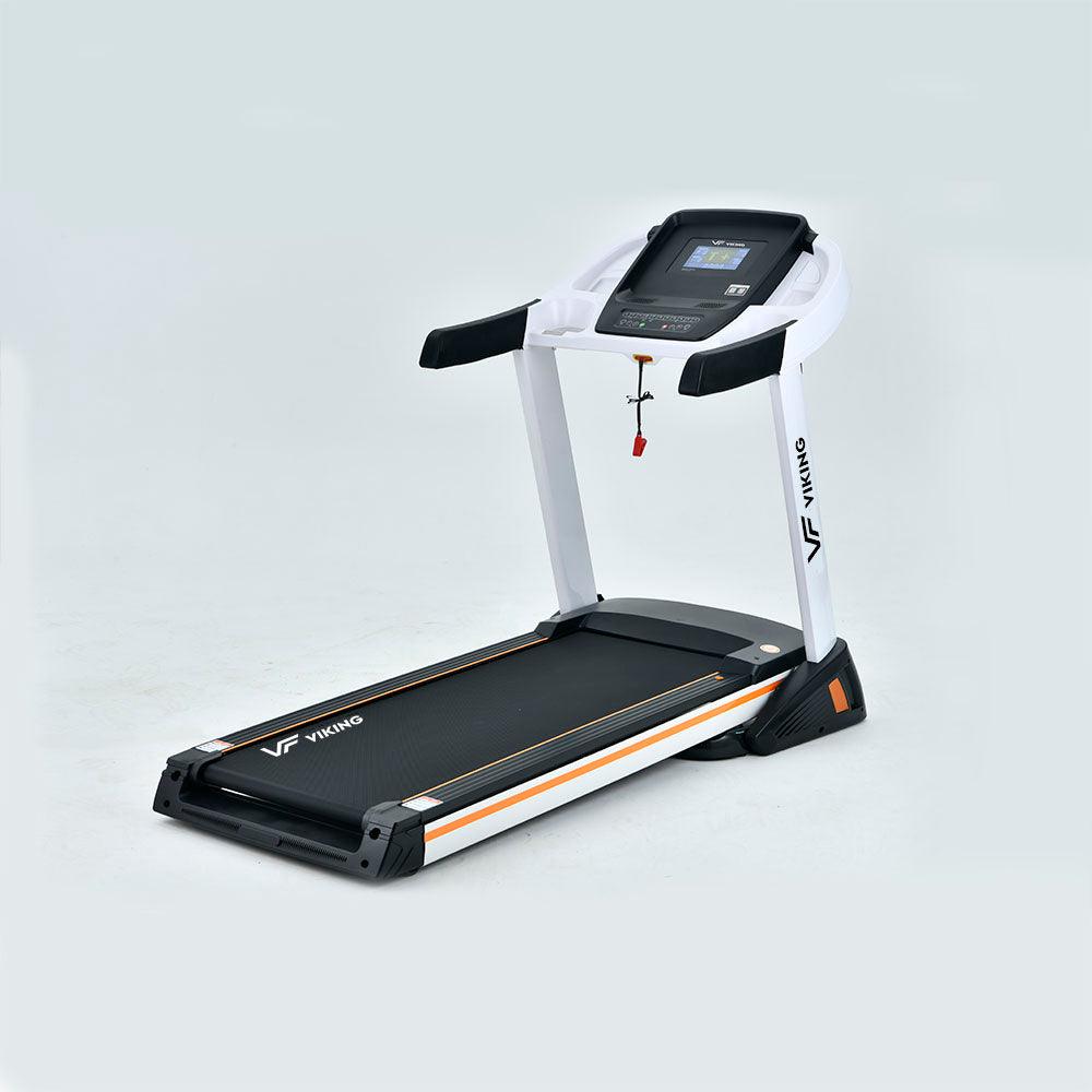Side view of the VIKING FITNESS D-55 Uranus electric treadmill with a sleek running belt and control panel.