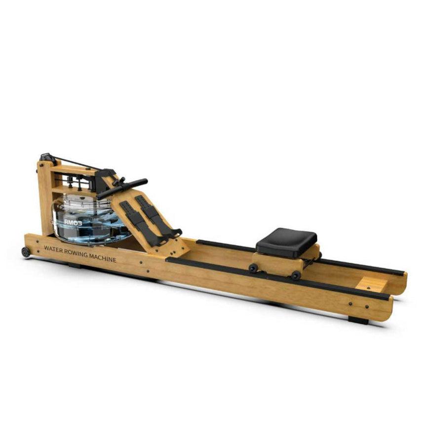 Assembled Viking Fitness Wooden Water Rower RM03 showing a polished wooden frame and water resistance mechanism for smooth rowing exercise.