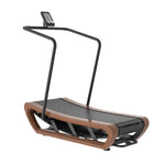 Curved treadmill Saga by Viking Fitness showing a sleek black design with a running belt and control panel.