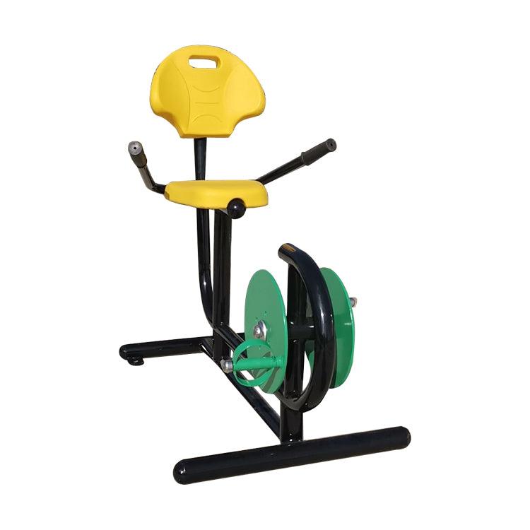 Viking Fitness seated recumbent bike outdoors with adjustable seat and display console, ideal for low-impact cardiovascular exercise.