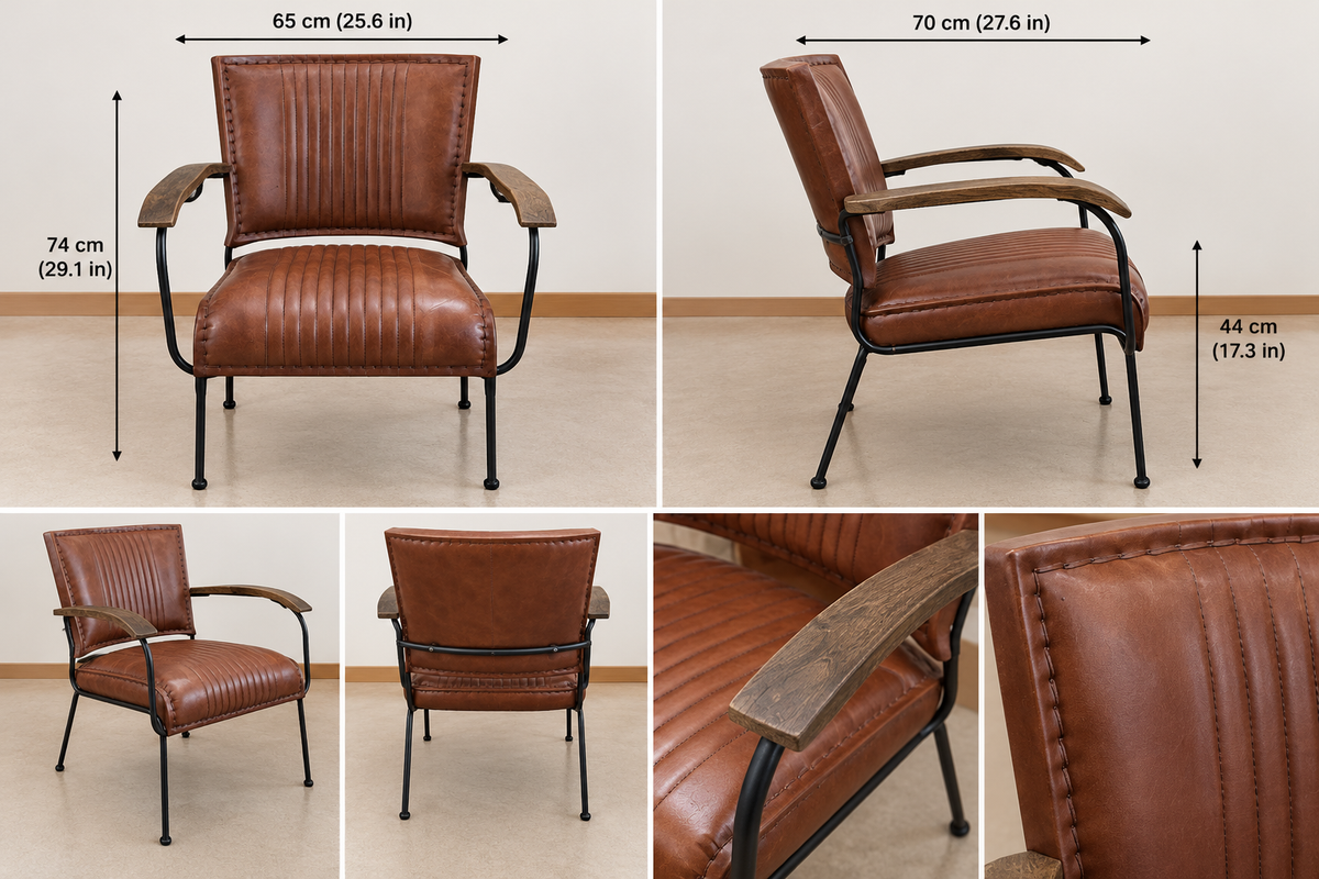 Vintage brown leather armchair with channel stitching, wooden armrests, and black metal frame, ideal for stylish home decor.