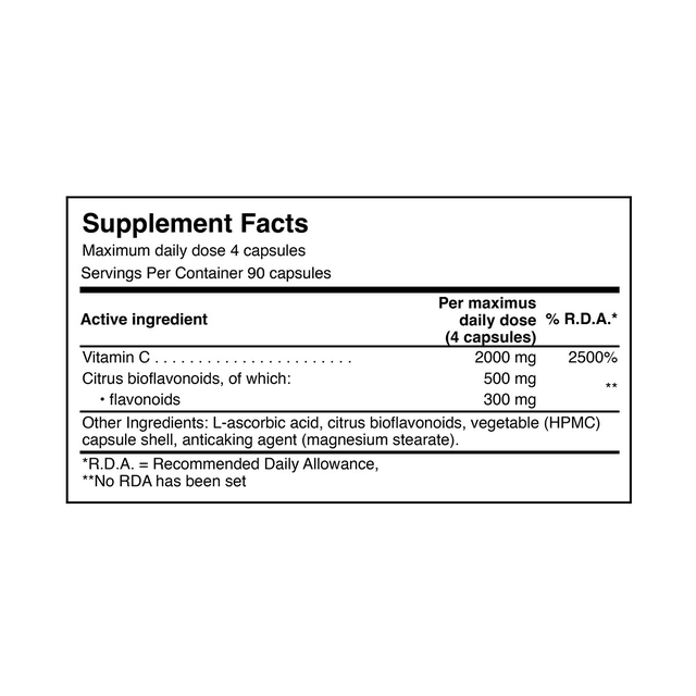 VITAREA Natural Doctor Vitamin C and Bioflavonoids supplement bottle with 90 capsules, showing the label and product packaging.