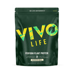 Large Vivo Life PERFORM raw plant protein and BCAA powder with Madagascan vanilla flavor in a container.