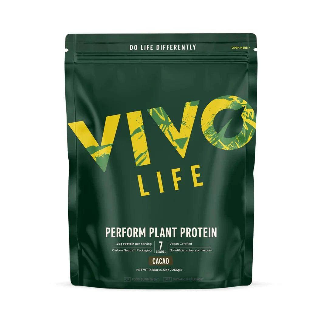 VIVO LIFE PERFORM Raw Plant Protein and BCAA supplement container with cacao flavor, front view, 7 servings.