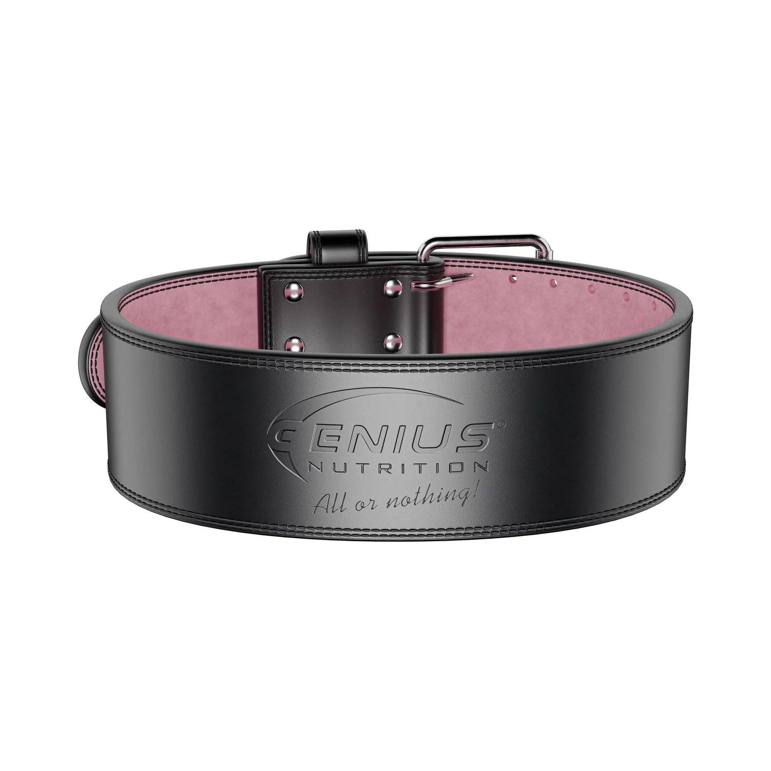 Genius Nutrition GG-4 weightlifting belt, black with logo, padded design, and adjustable strap for support during strength training.