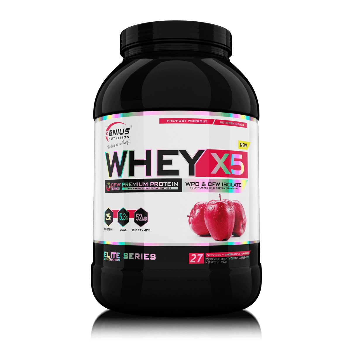 Genius Nutrition WHEY-X5 protein powder with baked apple flavor in 900g container, showing the product packaging.