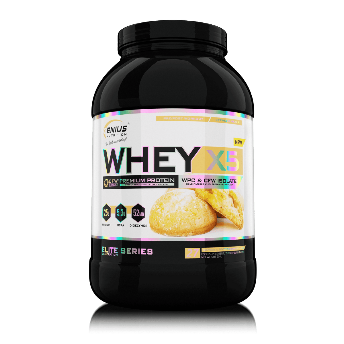Genius Nutrition WHEY-X5 protein powder in 900g container with Biscotti Cookies flavor, displayed with scoop and packaging.
