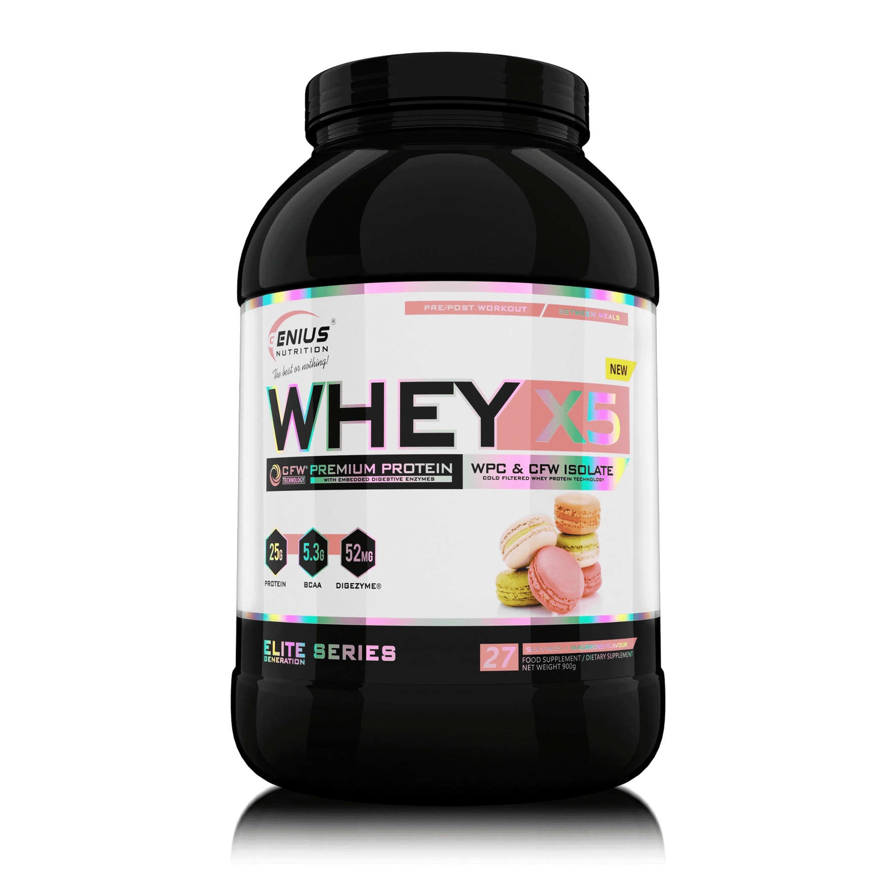 Genius Nutrition WHEY-X5 protein powder with macarons flavor, 900g container, creamy powder in a transparent background image