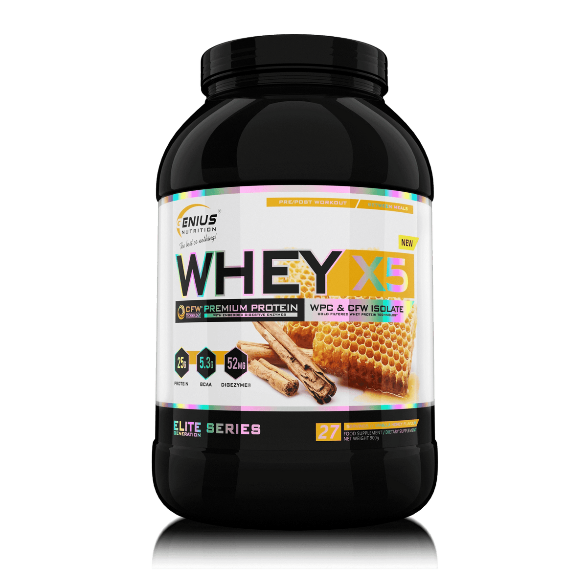 Genius Nutrition WHEY-X5 protein powder in vanilla honey flavor, 900g jar with 27 servings, displayed on a transparent background.