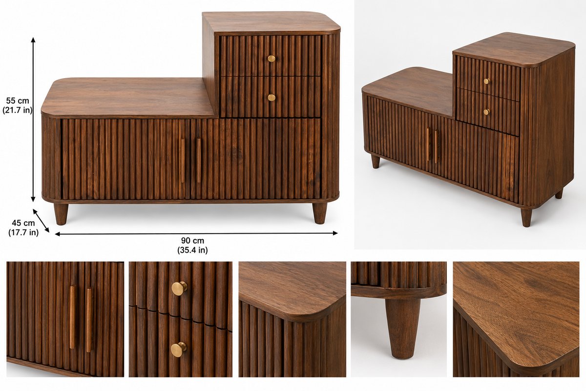 Dark brown fluted Shisham wood step cabinet with ribbed design, serving as a stylish storage sideboard for home decor.