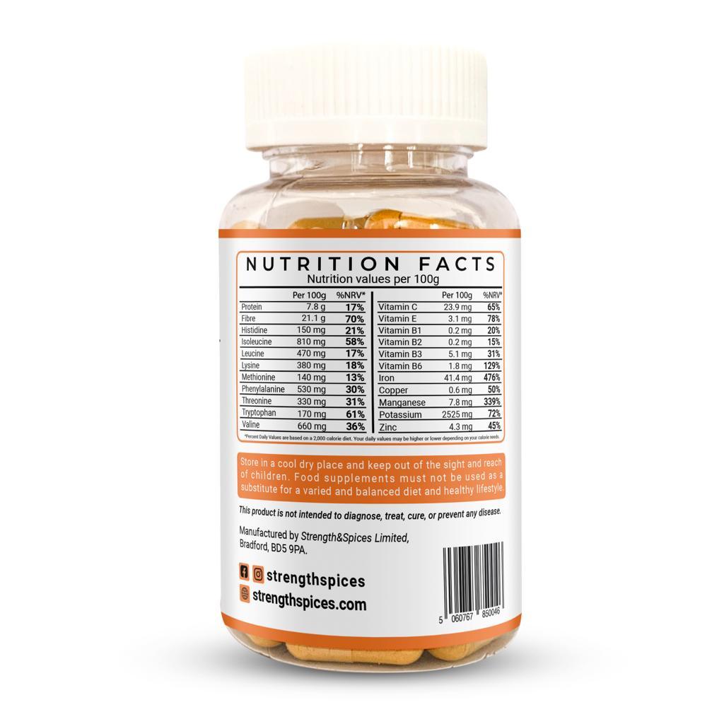 Turmeric Curcumin supplement bottle from STRENGTH & SPICES with label and capsules inside, showcasing natural health ingredients.