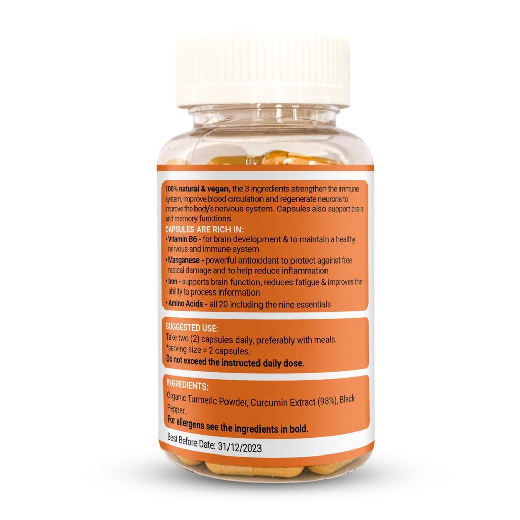 Bottle of STRENGTH & SPICES Turmeric Curcumin 1000mg supplement with labeled cap and clear bottle showing turmeric capsules inside.