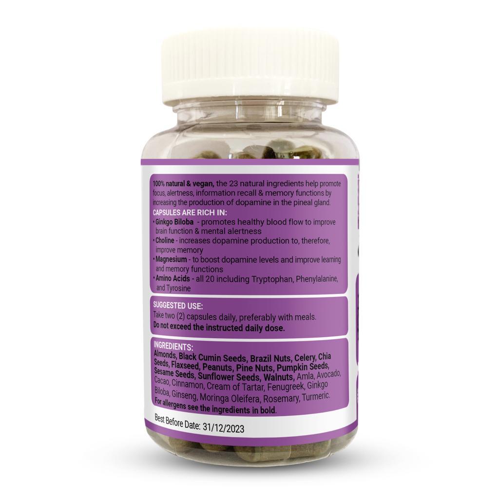 Memory and brain support supplement by Strength & Spices, 1000mg in a bottle of 60 capsules, shown in a close-up image.