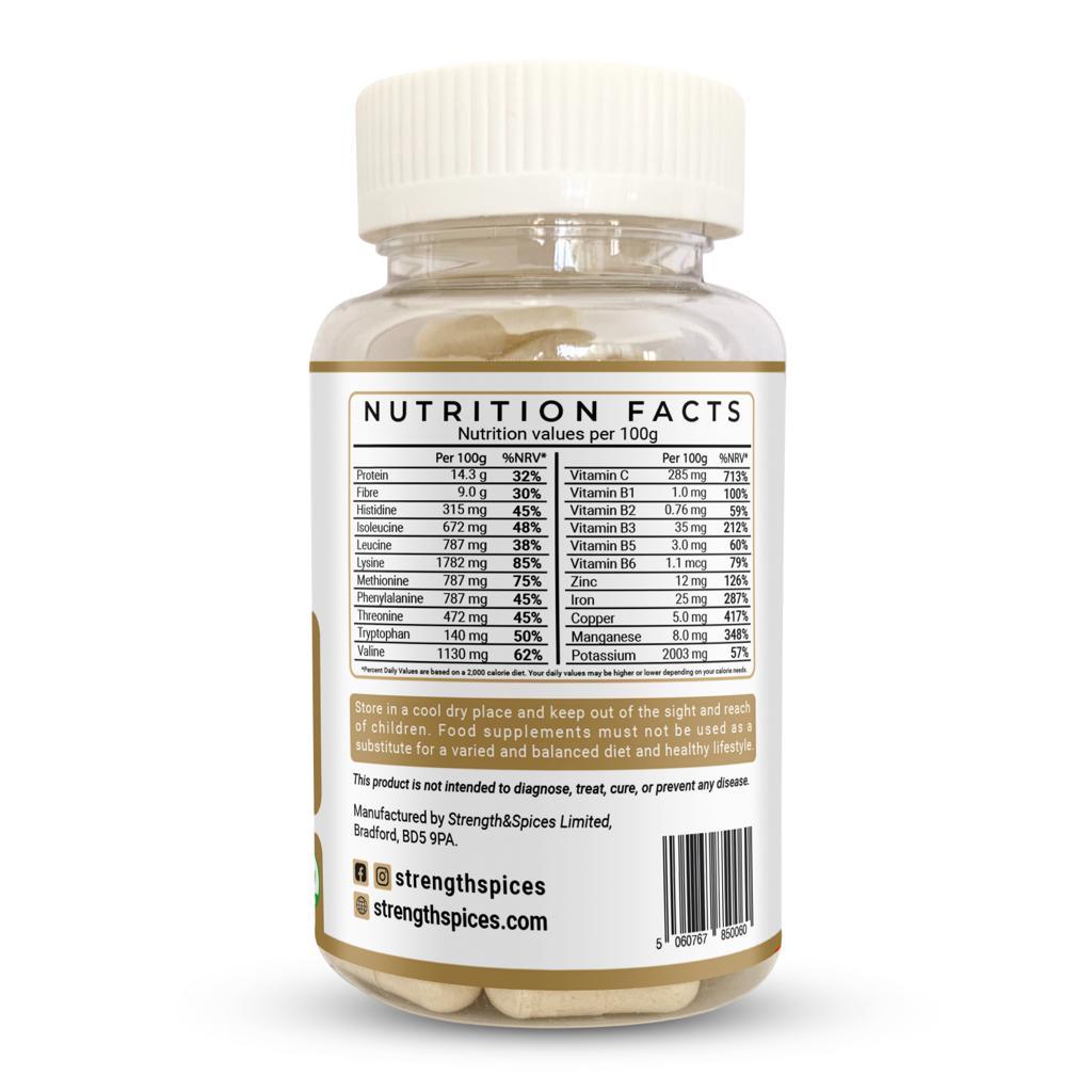 Bottle of Strength & Spices Maca Root 700mg supplement capsules with 90 cupsules, natural herbal supplement for vitality.