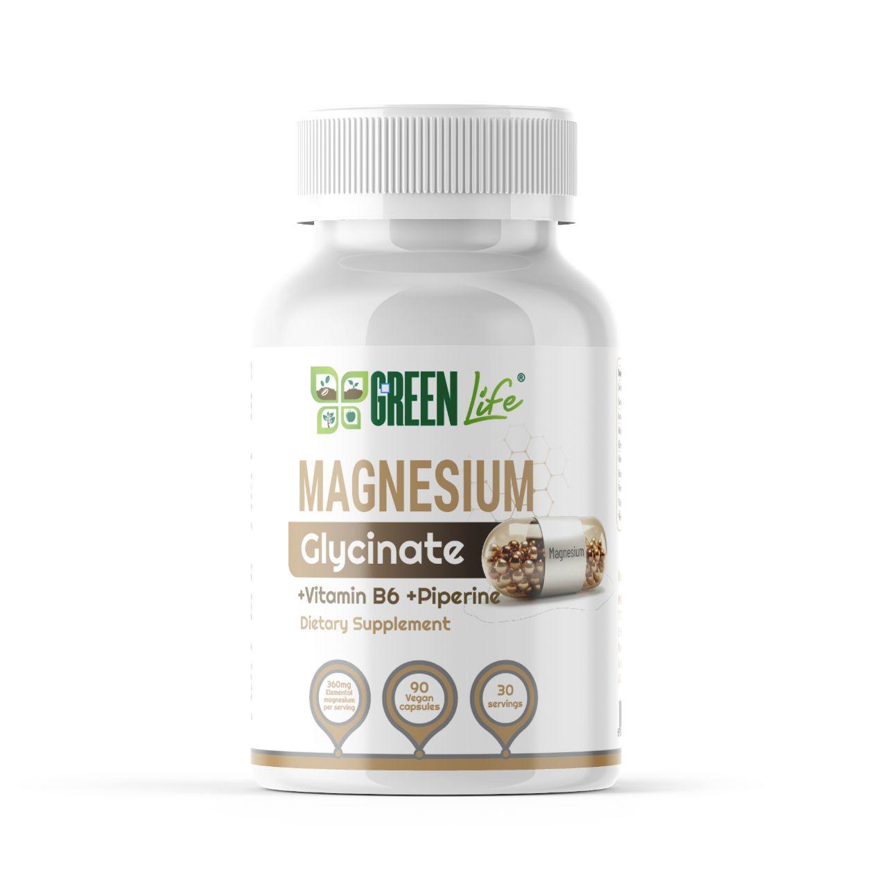 Green Life Magnesium Glycinate Complex vegan capsules with vitamin B6 and piperine, herbal supplement for high absorption and wellness.