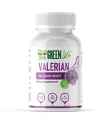 Vegan capsules of Green Life Valerian Root for relaxation and sleep support, shown in a clear bottle with label.