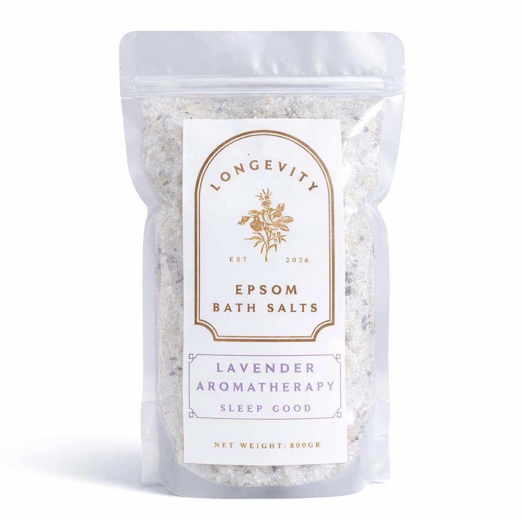 Longevity Lavender Aromatherapy Epsom Bath Salt by AW GIFTS, showing a jar of relaxing lavender bath salts on a white background.