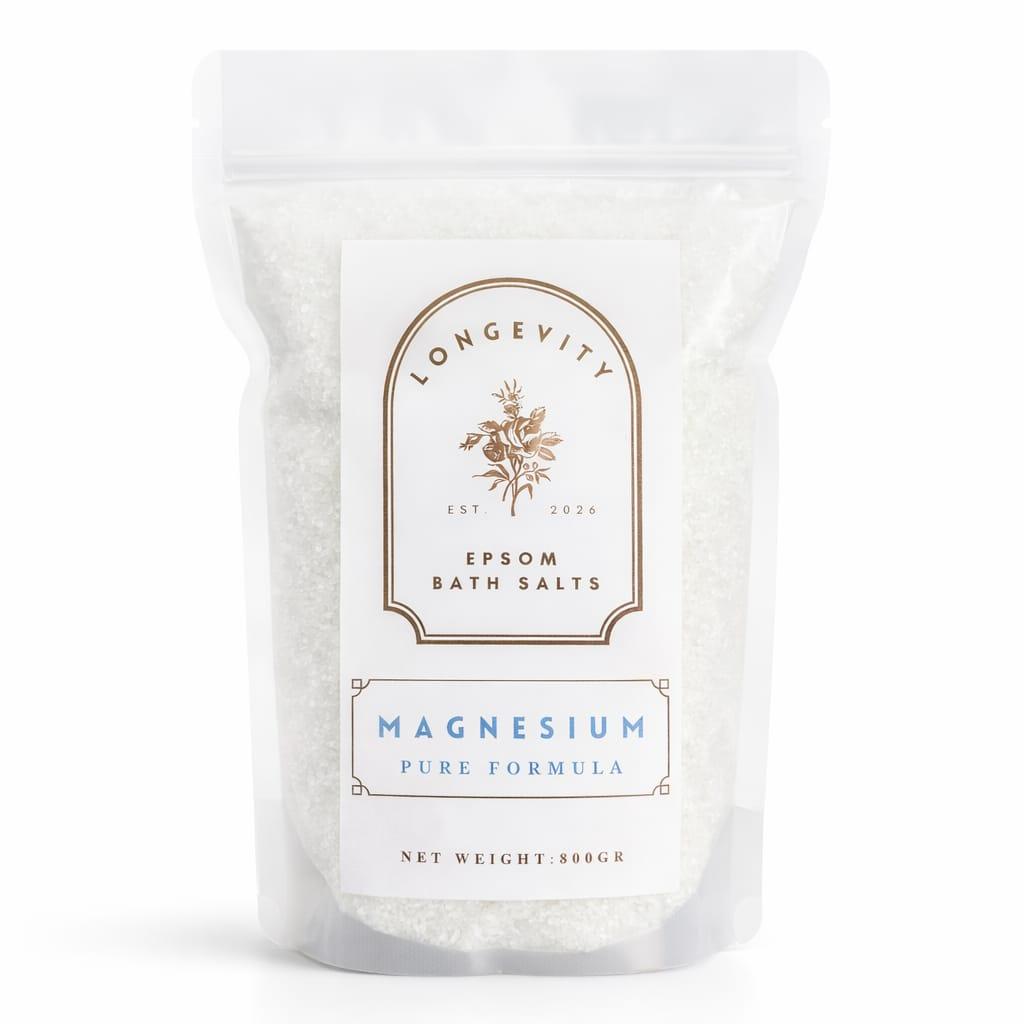 Epsom bath salts with magnesium in a clear jar, highlighting the AW GIFTS Longevity Magnesium Epsom Bath Salt pure formula.