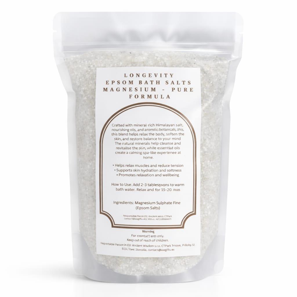 Epsom bath salts in a container, showcasing Longevity Magnesium Epsom Bath Salt by AW GIFTS, with a focus on the pure formula.