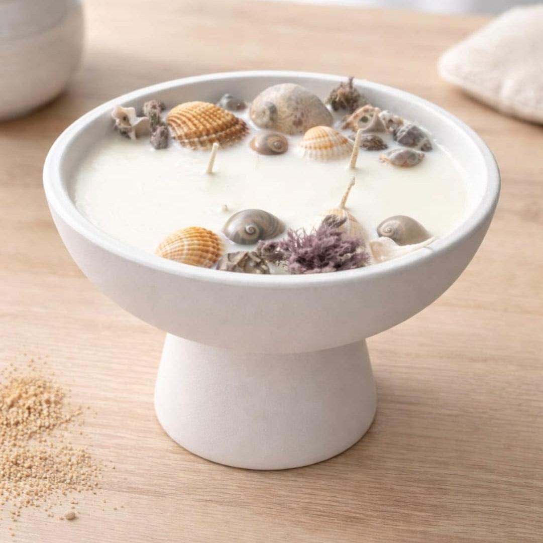 Seashell candle in a pedestal bowl by Velarte featuring a decorative seashell design and warm candlelight.