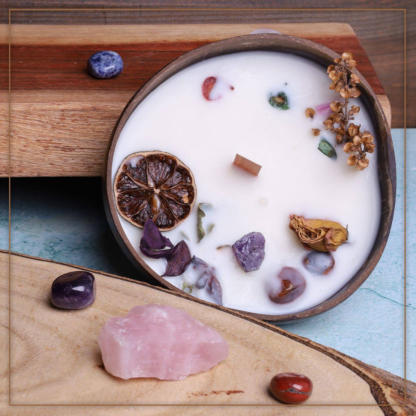 Soy wax candle in coconut bowl with a unique crystal, by Velarte, featuring a cozy, natural aesthetic and elegant design.