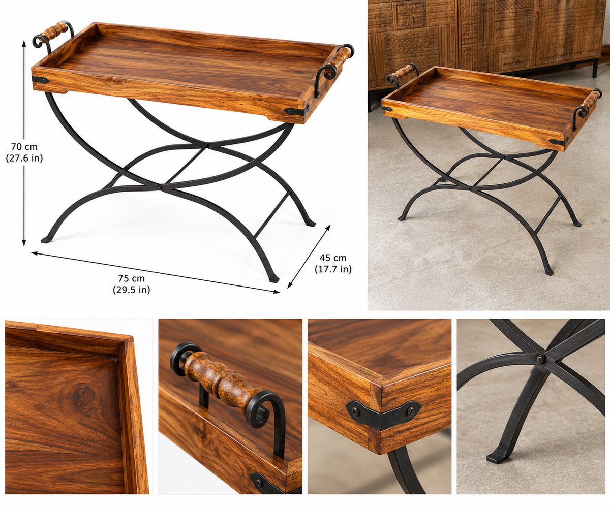 Handmade wooden serving tray table with folding iron stand, rustic Indian style, ideal as a home decor side or butler tray.