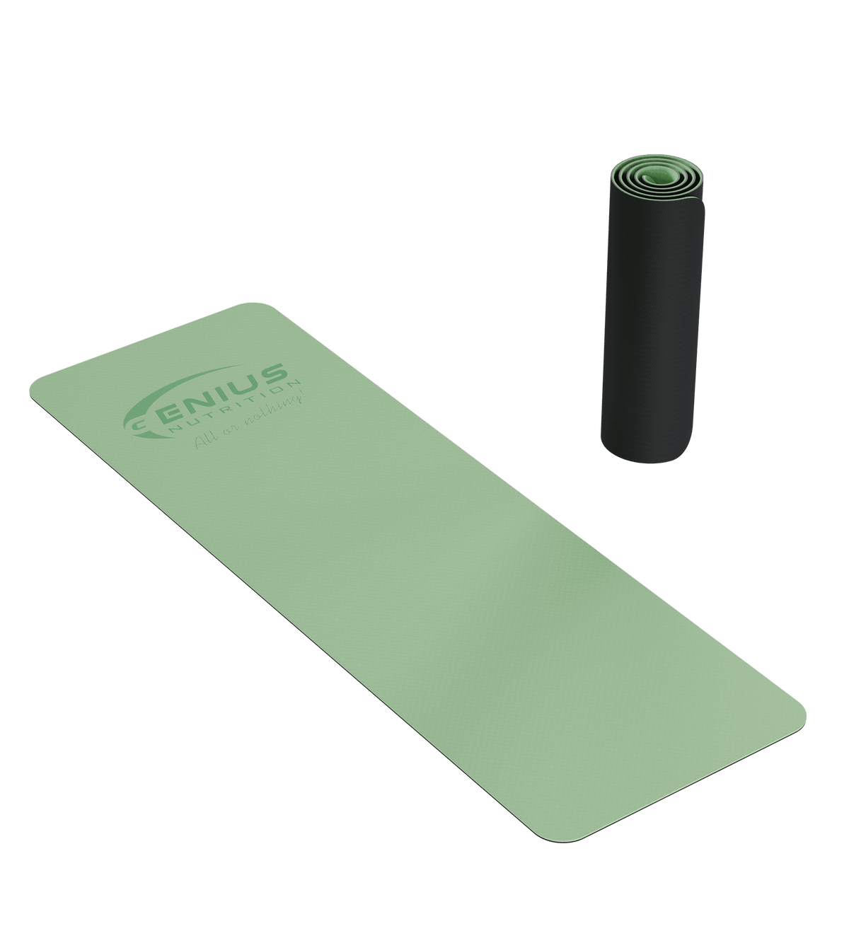 Green Genius Nutrition TPE yoga mat for fitness exercises, showcasing textured surface and non-slip design.