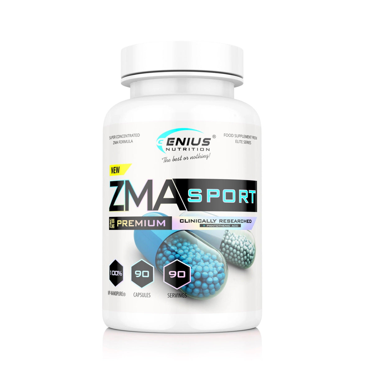 Genius Nutrition ZMA SPORT supplement bottle with 90 capsules, dietary supplement for muscle recovery and nighttime support