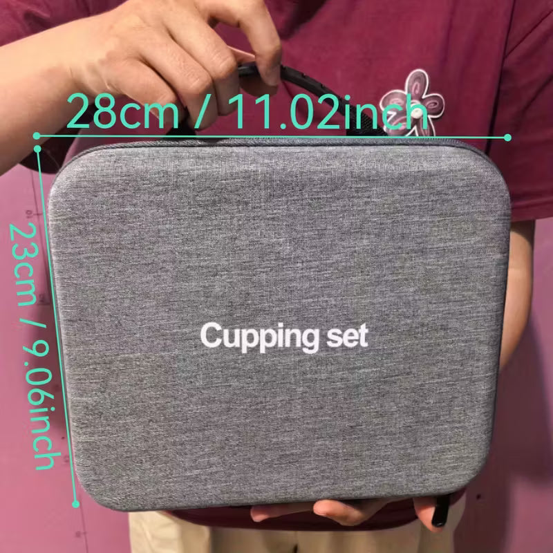 TEMU cupping and relaxation kit with vacuum cups and manual pump, showing set of black therapy cups on a white background.