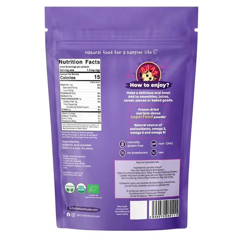 Organic ILOVE ME Acai Powder in a 50g package, showing the vibrant purple powder in a clear container.