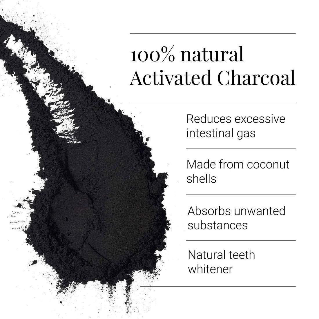 Herbalistas Kiki Health Activated Charcoal Powder supplement in a 70g container, with infographic showing benefits and usage.