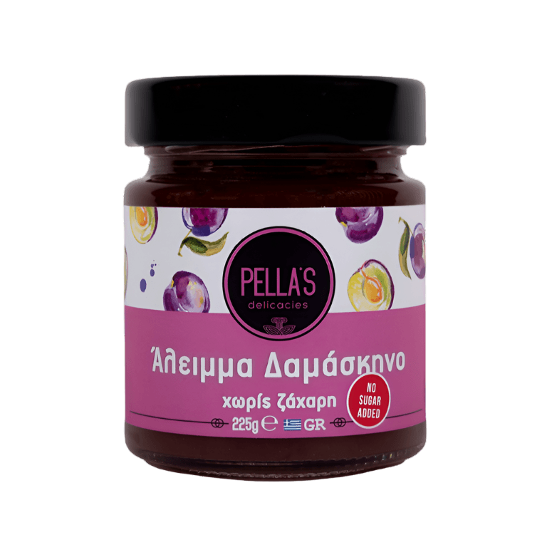Pella's Delicacies plum spread in a jar, showcasing its rich purple color and smooth texture, ideal for spreading on bread.