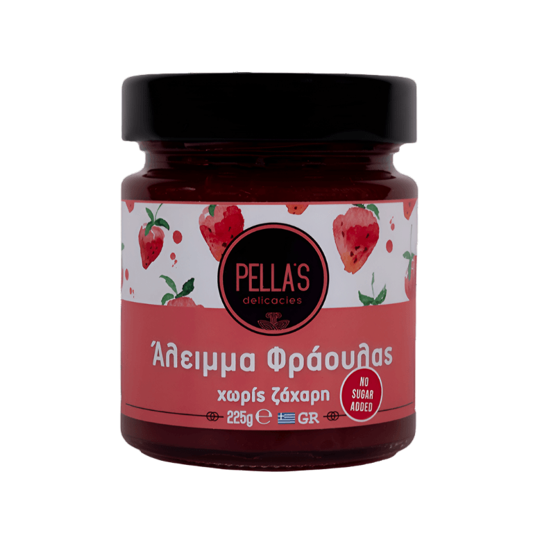 Pella's Delicacies strawberry spread jar, 225g, with fresh strawberries and spreadable texture on a white background.