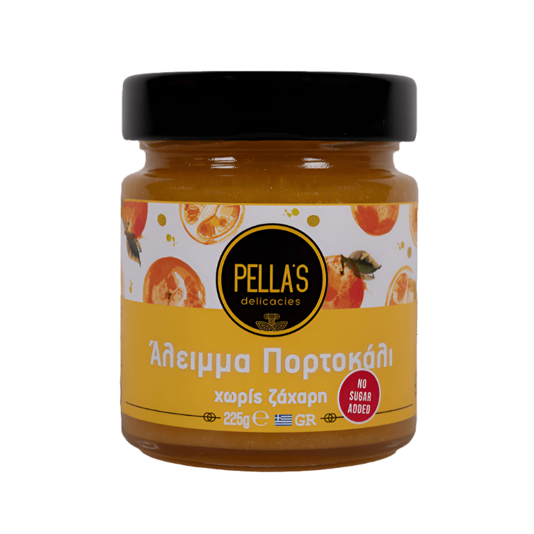 Pella's Delicacies orange spread jar with a label, showcasing vibrant orange-colored spread inside the 225g container.