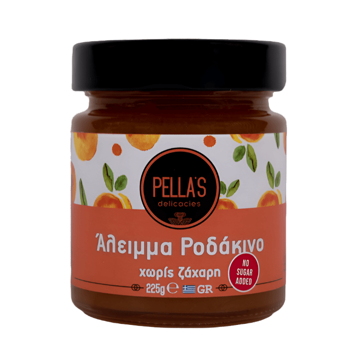 Pella's Delicacies Peach Spread jar, 225g, showing the label and peach imagery on the packaging.