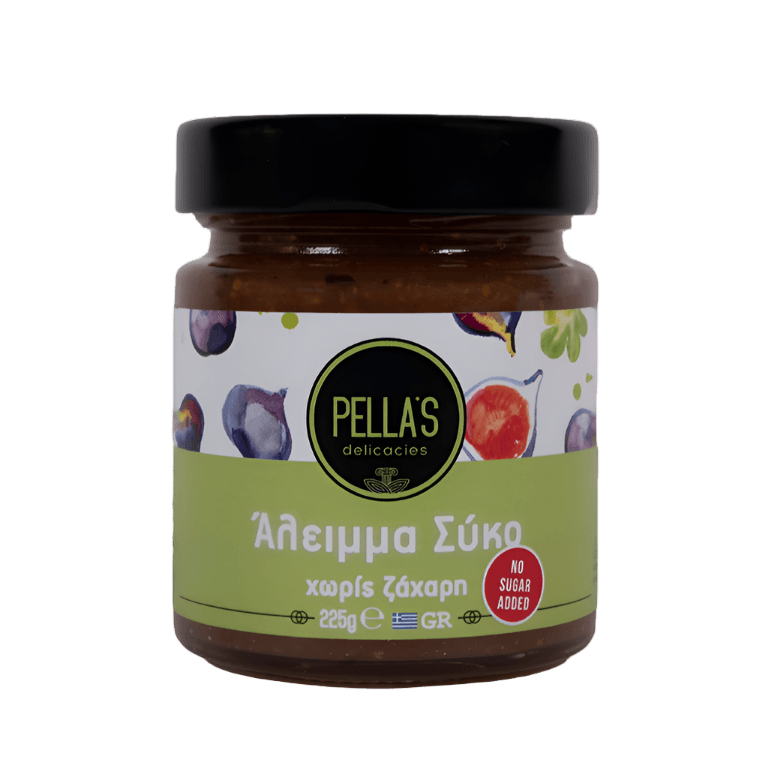 Pella's Delicacies Fig Spread jar, 225g, featuring a glass container with fresh fig spread and PELLA'S branding on the label.
