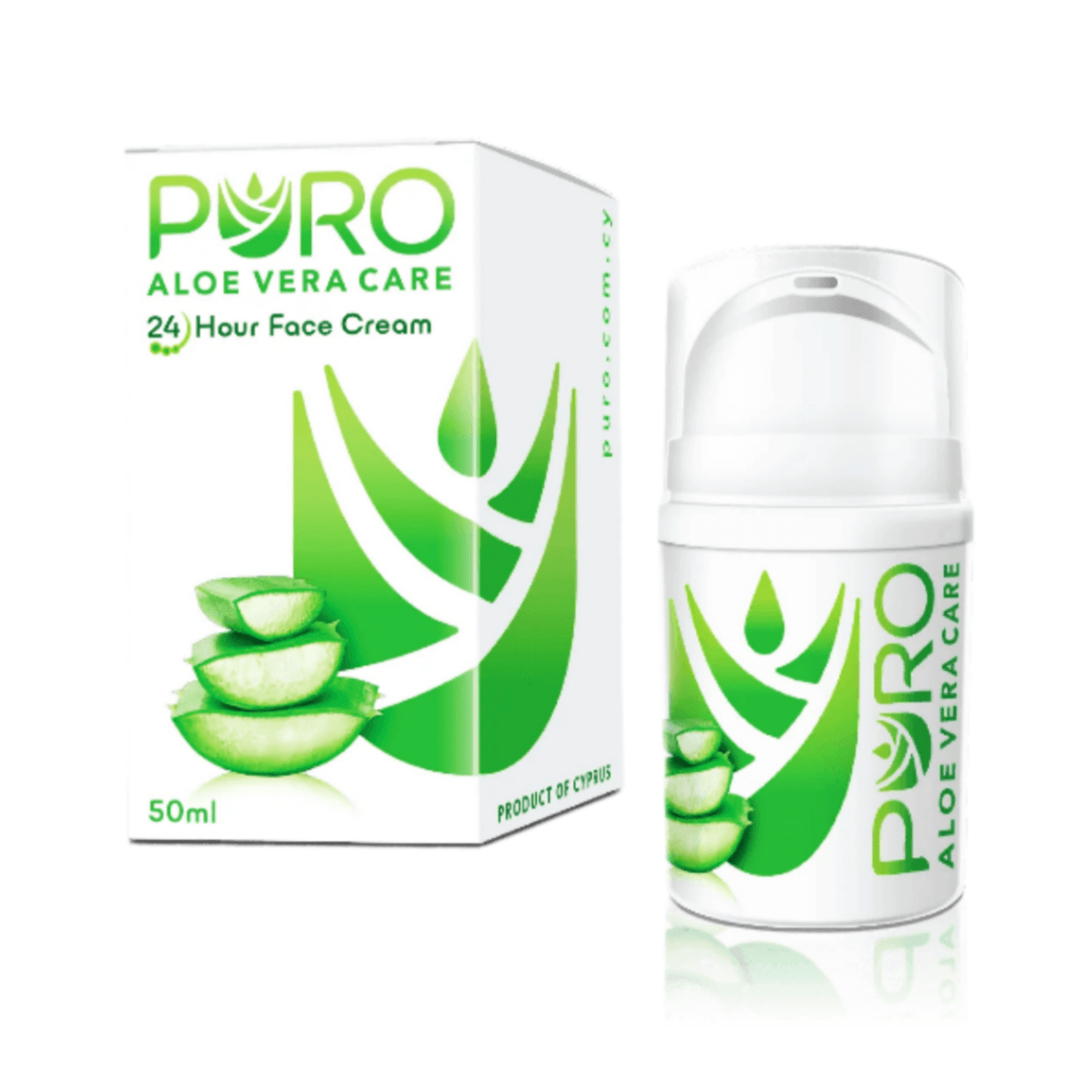 Puro Aloe Vera 24 Hour Face Cream 50ml jar showing fresh aloe vera plant and cream texture for hydrating skin.