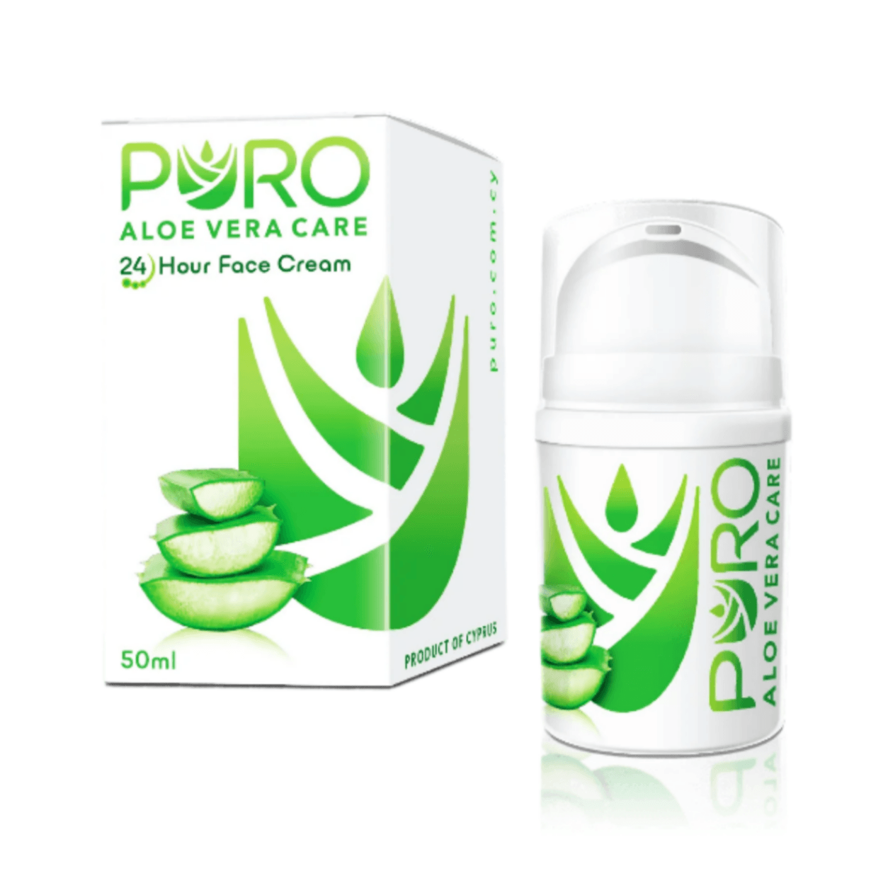 Puro Aloe Vera 24 Hour Face Cream 50ml jar showing fresh aloe vera plant and cream texture for hydrating skin.