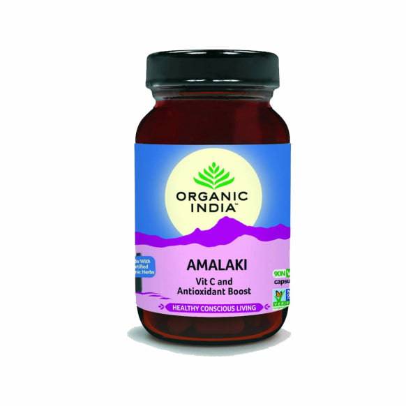 Organic India BIO Amalaki capsules by HERBALISTAS, 90 herbal supplement capsules in a clear bottle with green label.
