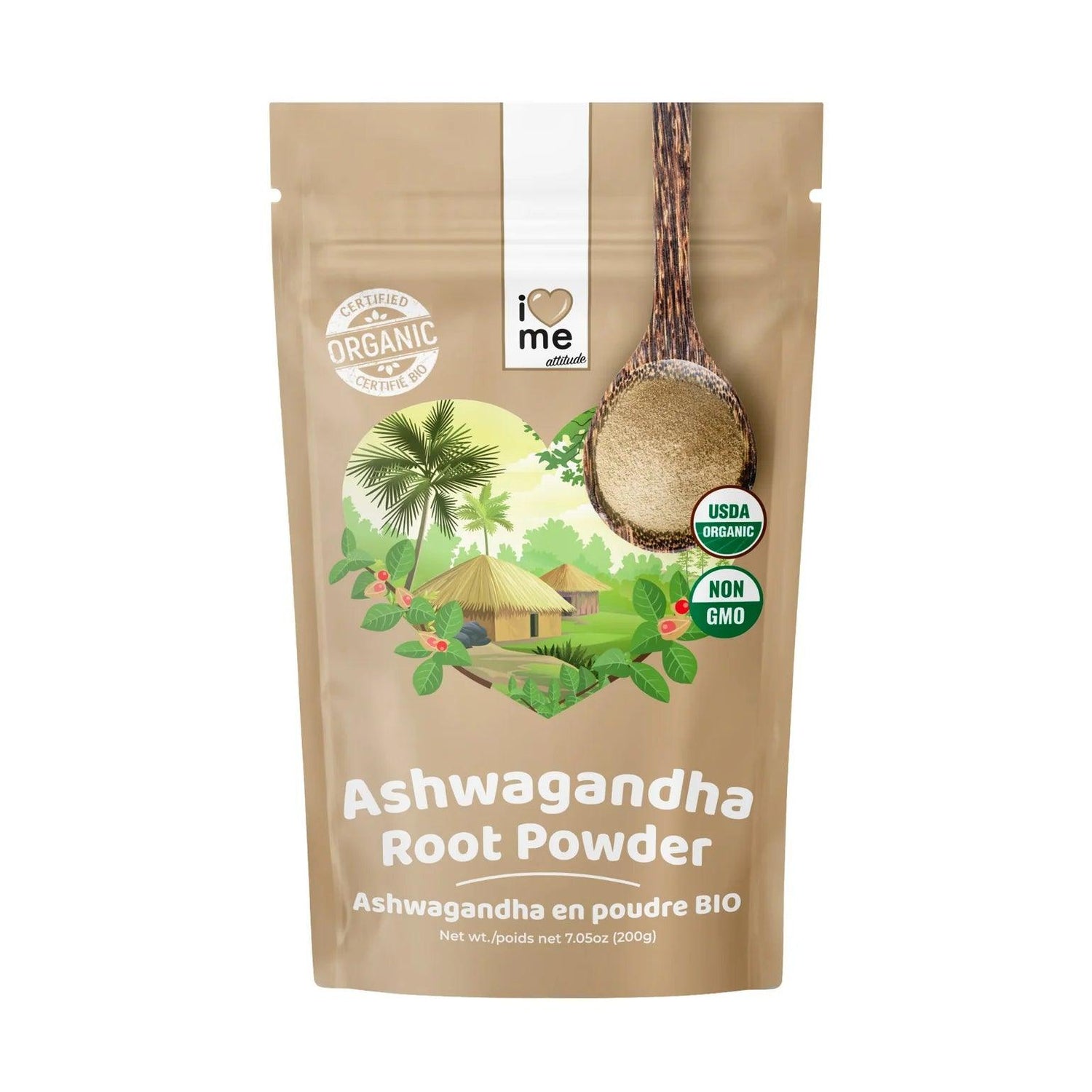 Organic Ashwagandha powder in a jar from ILOVE ME, natural supplement with 200g packaging, ideal for wellness and herbal health.