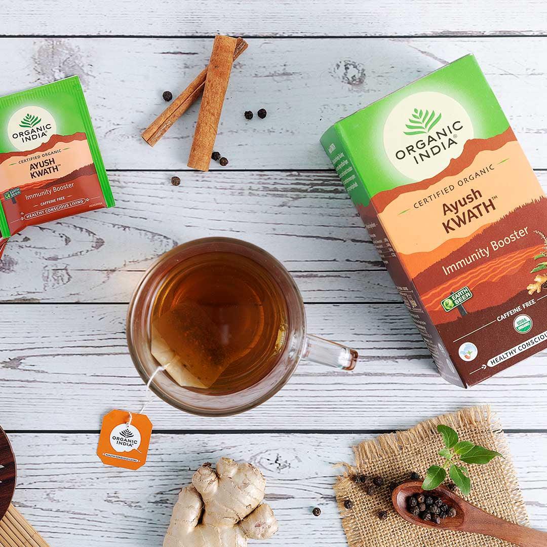Organic India BIO Tulsi Ayush Kwath Tea in 25 infusion bags, caffeine-free herbal tea with tulsi and Ayurvedic herbs.