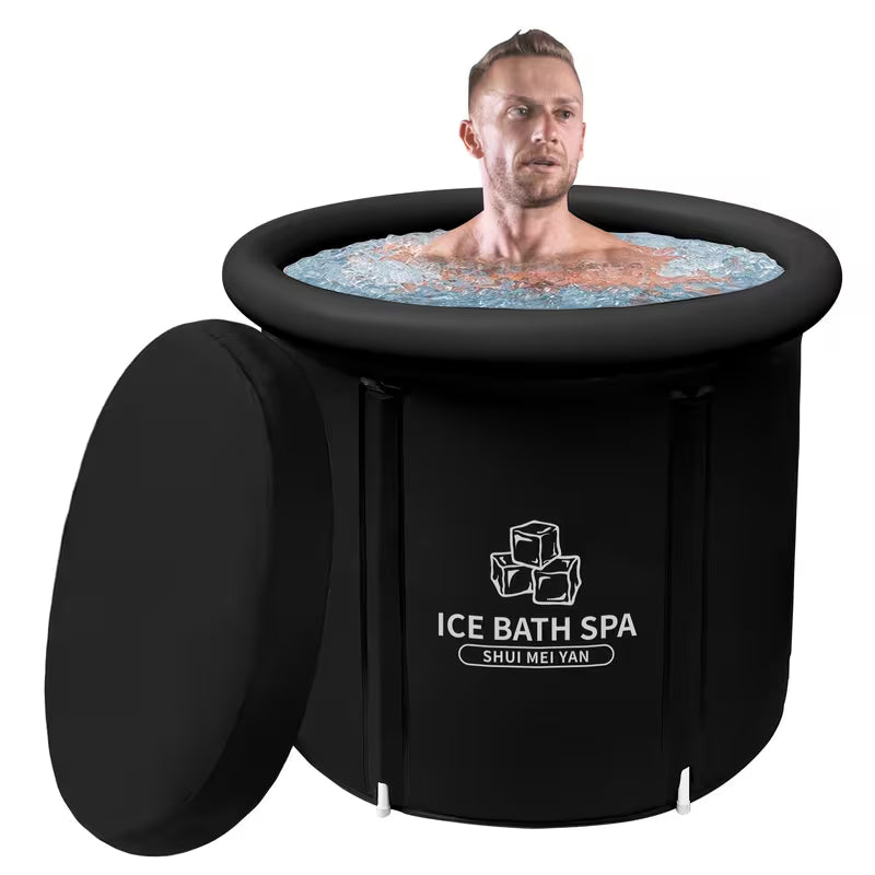Large portable ice bath tub with insulated cover by TEMU, showing the tub's size and the insulated lid for cooling and comfort.